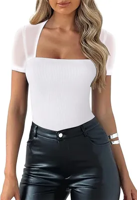Women's Mesh Shoulder Transparent Casual Top Short Sleeved Tight Fitting Shirt Top Slim Fit Modified Abdominal Tops