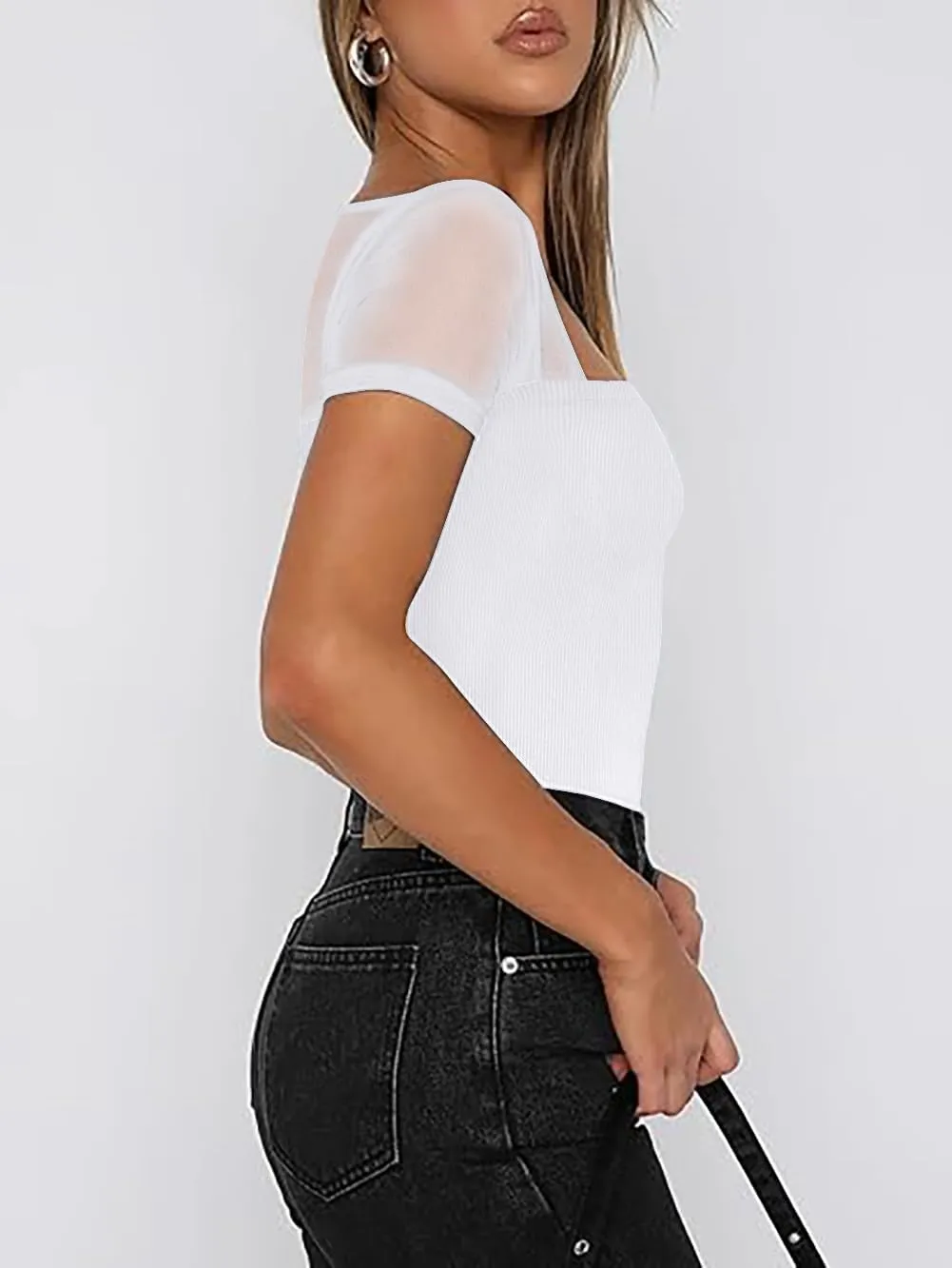 Women's Mesh Shoulder Transparent Casual Top Short Sleeved Tight Fitting Shirt Top Slim Fit Modified Abdominal Tops