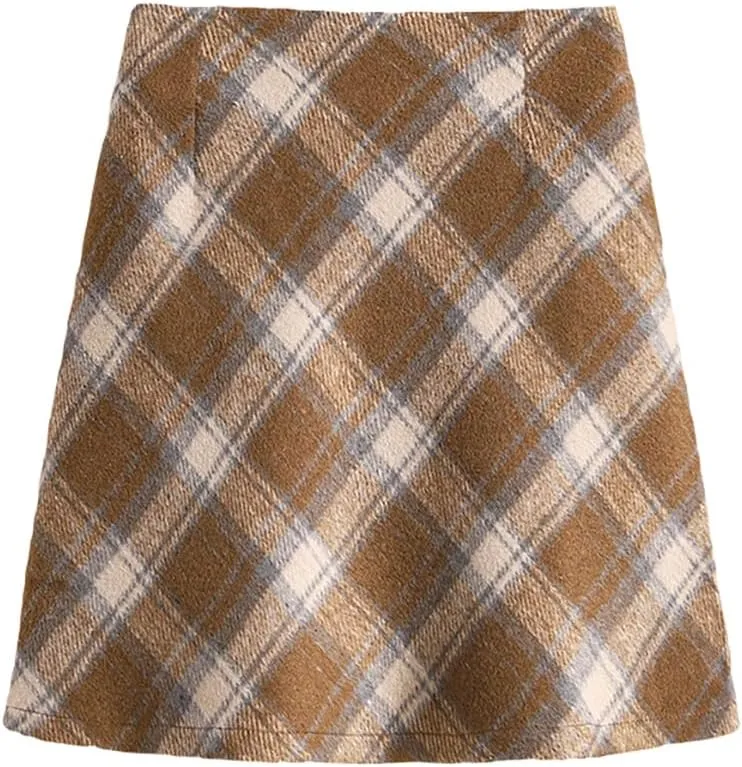 Women's Plaid Elastic Waist Skirt High Waisted Vintage A-line Pleated Skirt