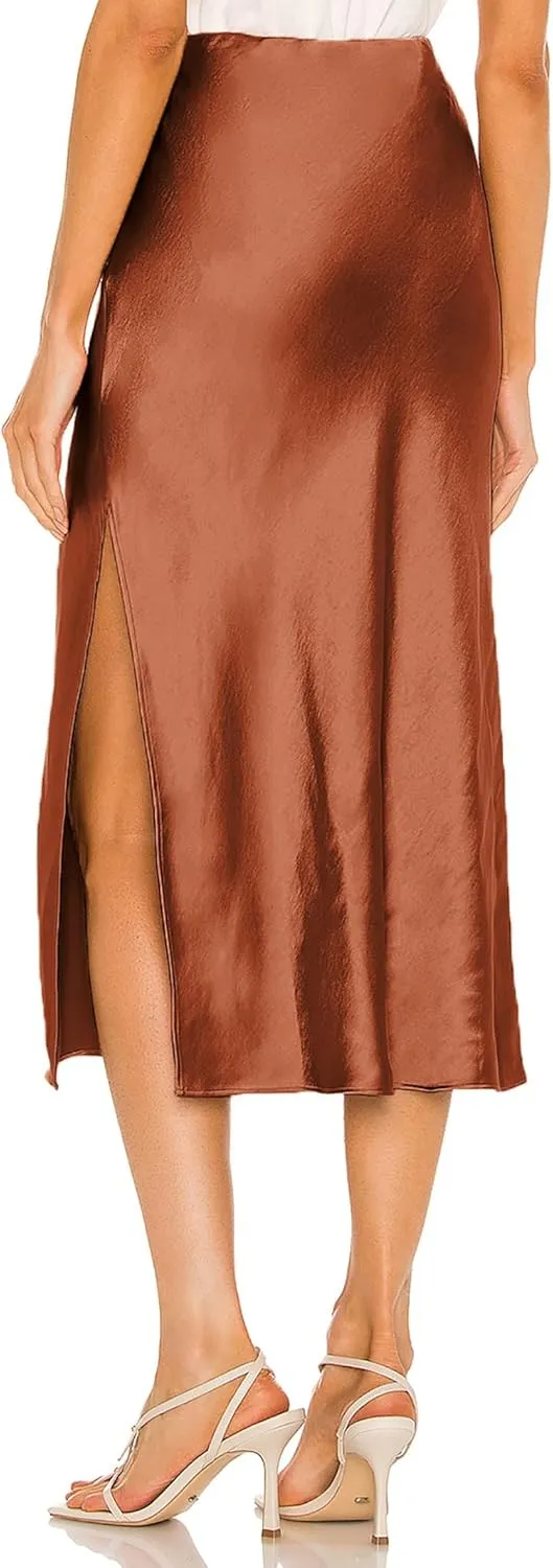 Women's Satin Midi Skirts Silky Elastic High Waist A Line Slit Skirt