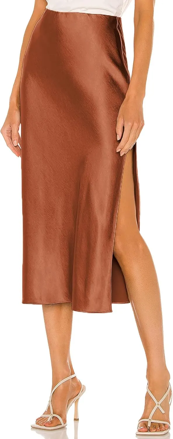 Women's Satin Midi Skirts Silky Elastic High Waist A Line Slit Skirt