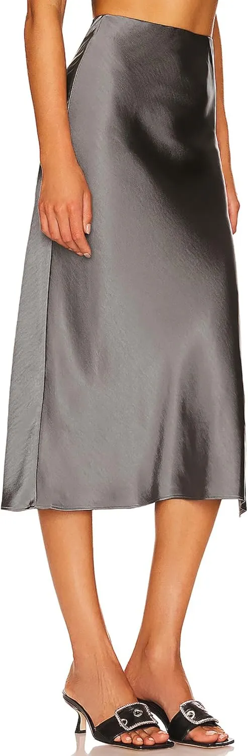 Women's Satin Midi Skirts Silky Elastic High Waist A Line Slit Skirt