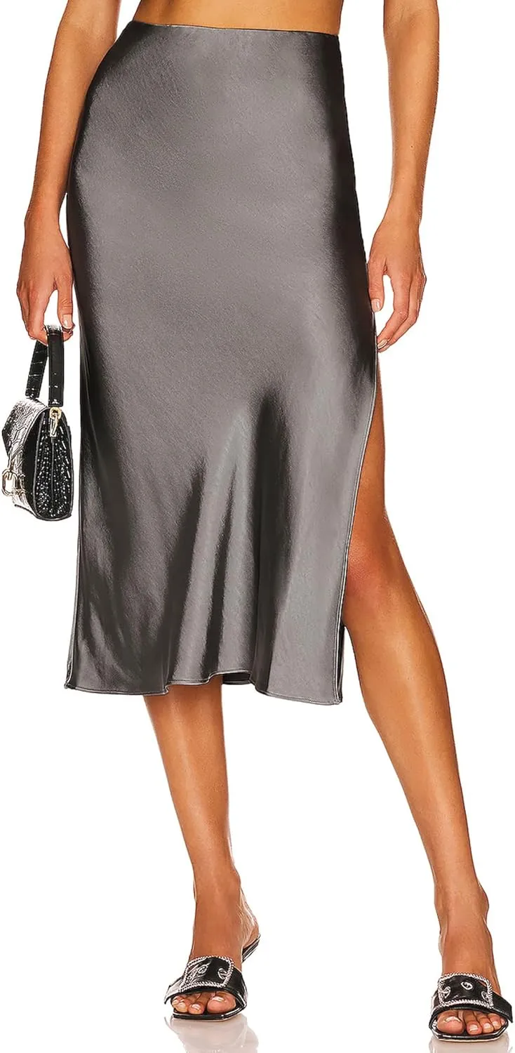 Women's Satin Midi Skirts Silky Elastic High Waist A Line Slit Skirt