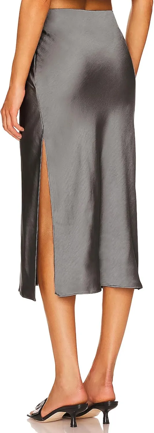 Women's Satin Midi Skirts Silky Elastic High Waist A Line Slit Skirt