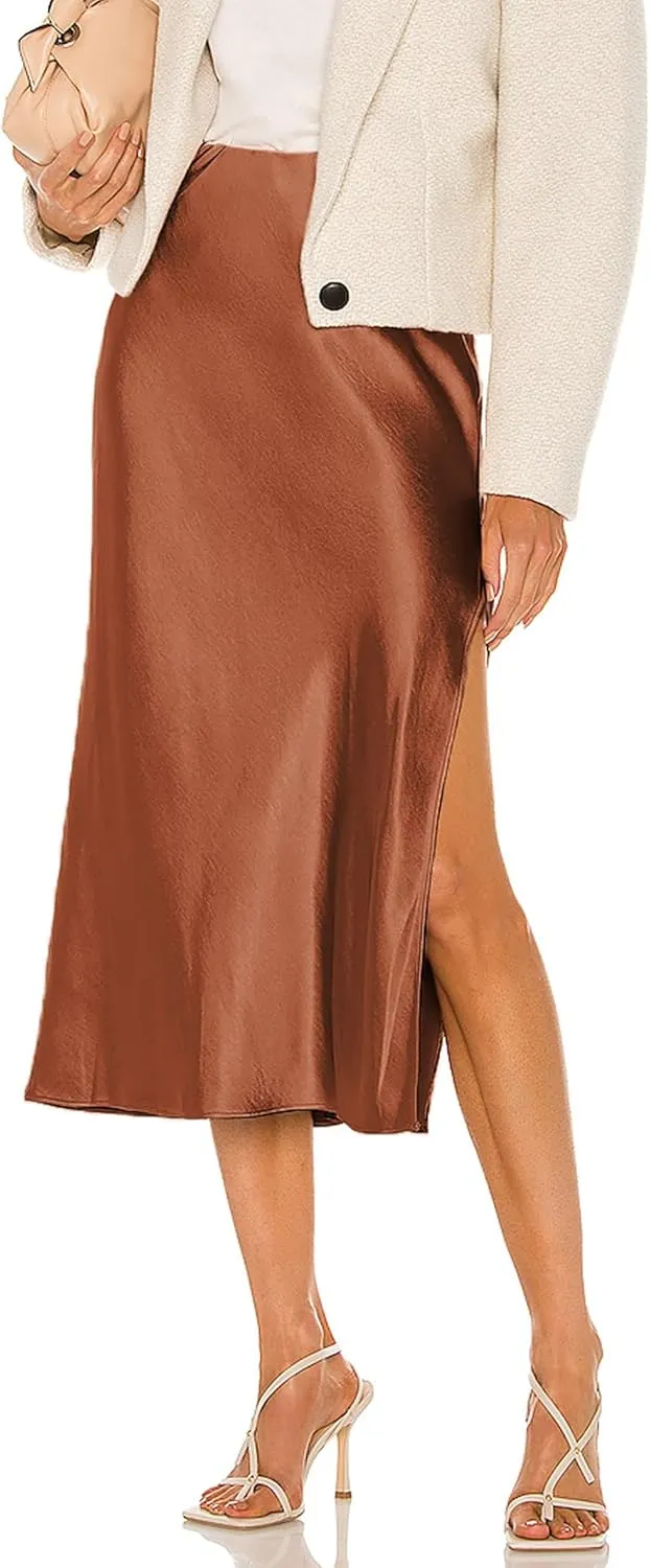 Women's Satin Midi Skirts Silky Elastic High Waist A Line Slit Skirt