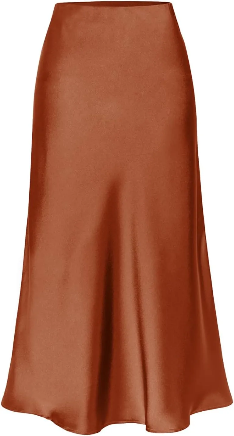 Women's Satin Midi Skirts Silky Elastic High Waist A Line Slit Skirt