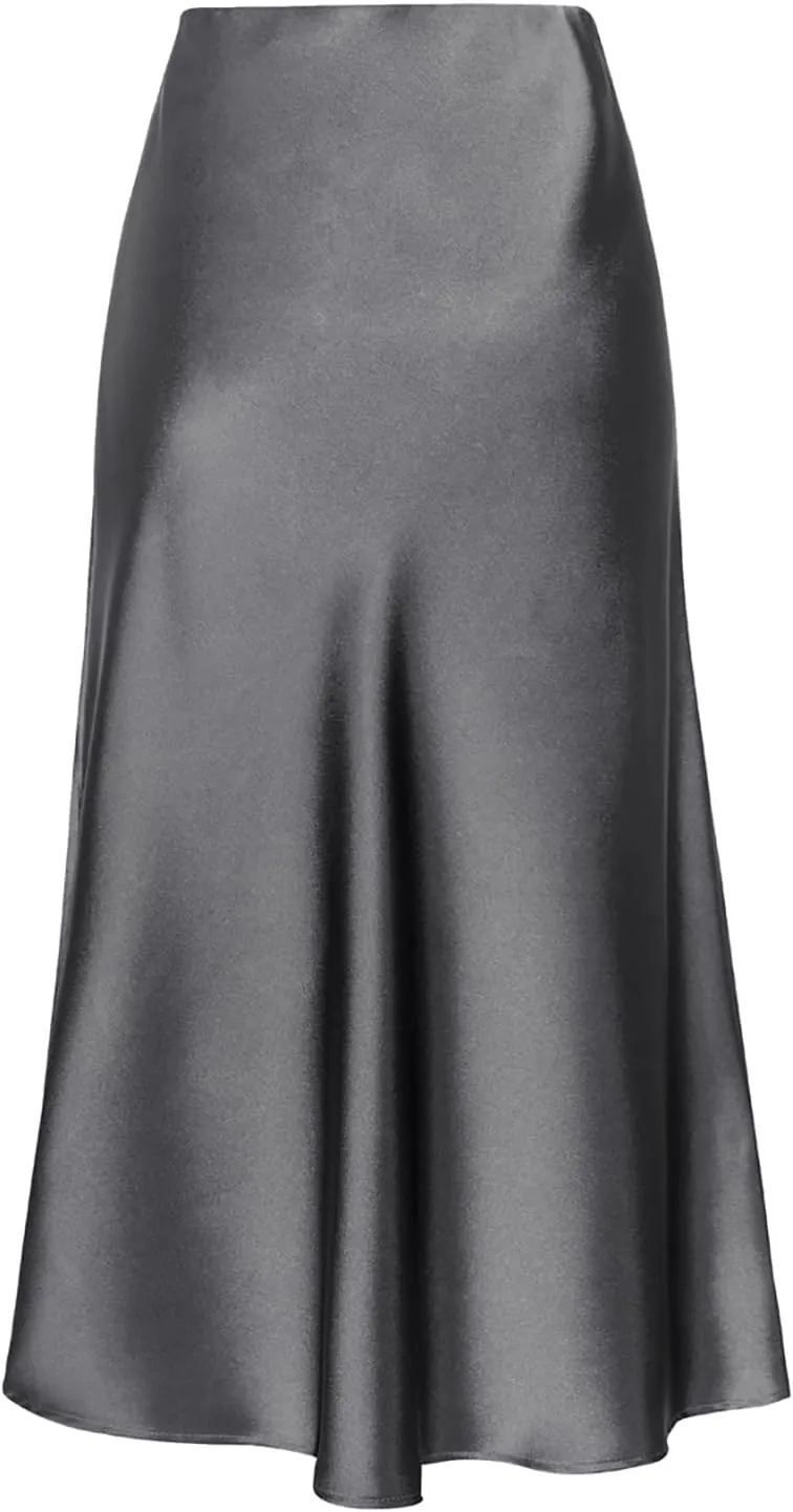 Women's Satin Midi Skirts Silky Elastic High Waist A Line Slit Skirt