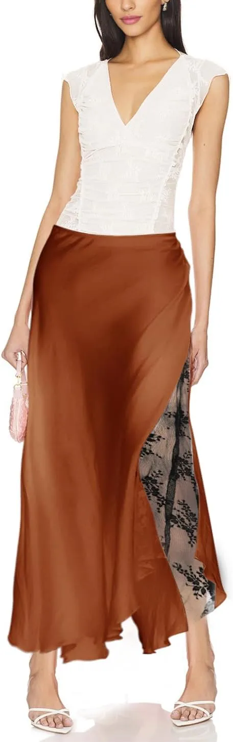 Women's Satin Silk Skirts A Line Flowy Ruffle Floral Lace Splicing Cocktail Party Maxi Long Skirt