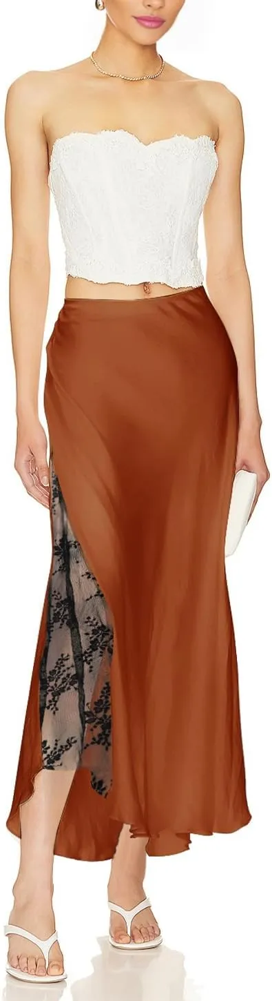 Women's Satin Silk Skirts A Line Flowy Ruffle Floral Lace Splicing Cocktail Party Maxi Long Skirt