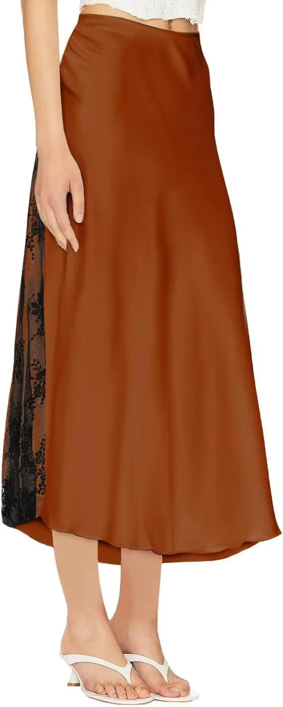 Women's Satin Silk Skirts A Line Flowy Ruffle Floral Lace Splicing Cocktail Party Maxi Long Skirt
