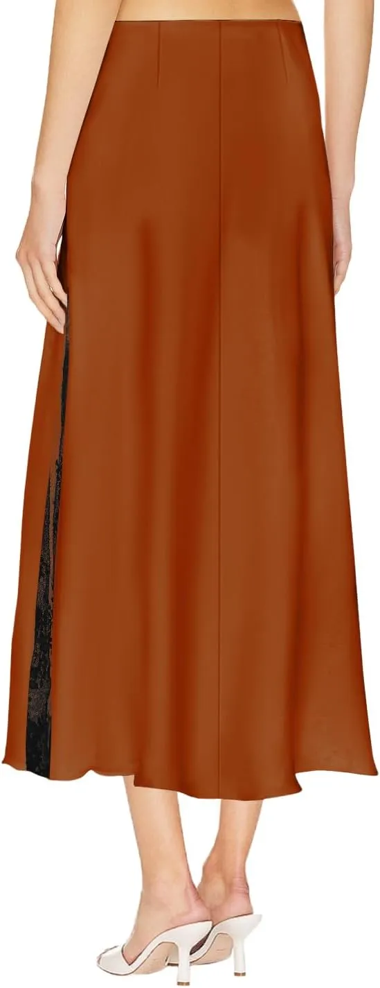 Women's Satin Silk Skirts A Line Flowy Ruffle Floral Lace Splicing Cocktail Party Maxi Long Skirt