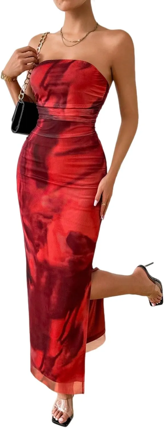 Women's Summer Dress Printed Strapless Tube Dress Bodycon Long Dress Side Slit Mesh Layered