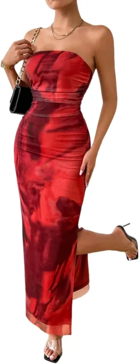 Women's Summer Dress Printed Strapless Tube Dress Bodycon Long Dress Side Slit Mesh Layered