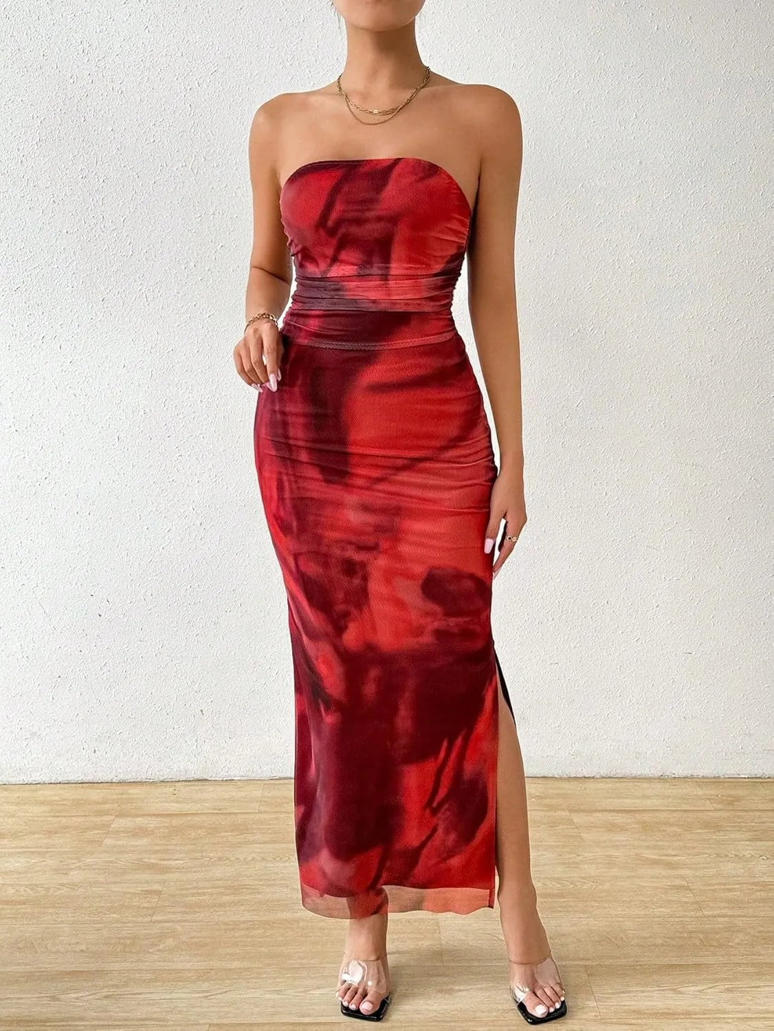Women's Summer Dress Printed Strapless Tube Dress Bodycon Long Dress Side Slit Mesh Layered