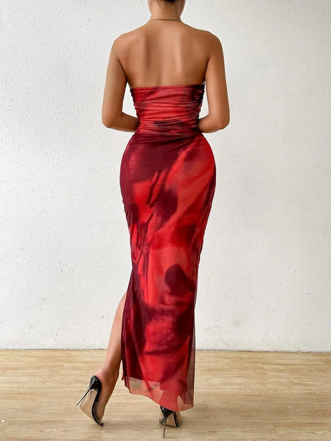 Women's Summer Dress Printed Strapless Tube Dress Bodycon Long Dress Side Slit Mesh Layered