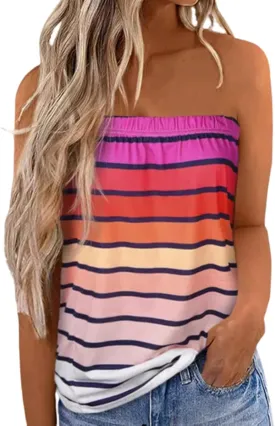 Women's Tube Tops Striped Backless Strapless Top Sleeveless American Flag Smocked Strapless Bandeau Tanks Top Shirt