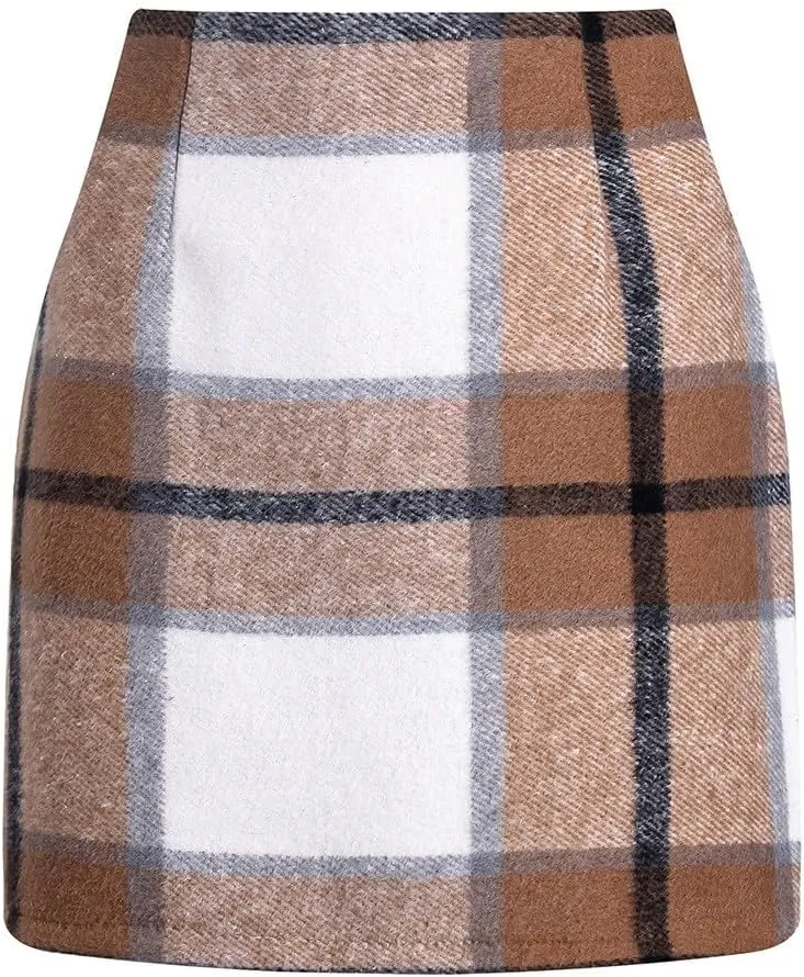 Womens Wool Plaid Mini Skirt Fall Winter High Waisted A Line Bodycon Pencil Skirt