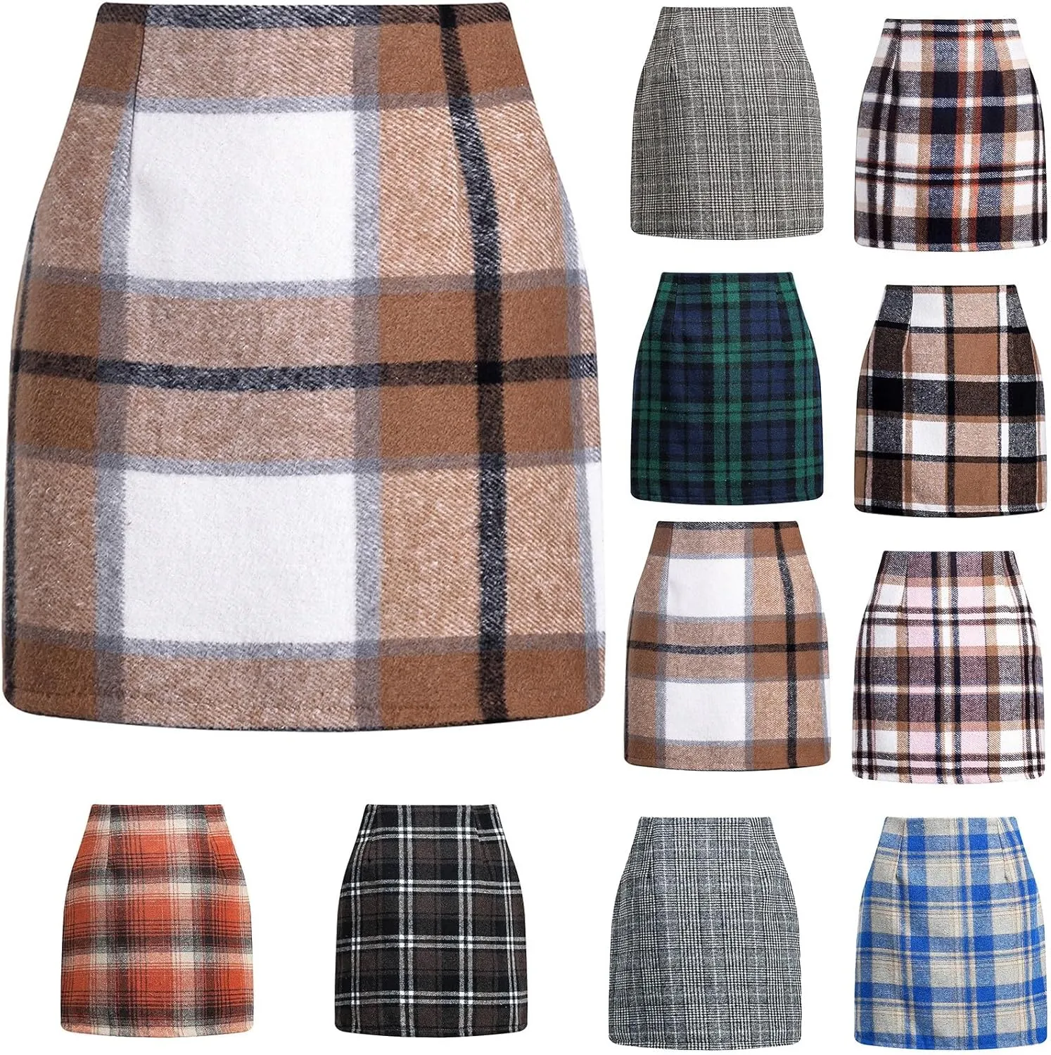 Womens Wool Plaid Mini Skirt Fall Winter High Waisted A Line Bodycon Pencil Skirt
