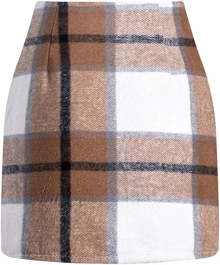Womens Wool Plaid Mini Skirt Fall Winter High Waisted A Line Bodycon Pencil Skirt