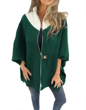 Women's Zip Up Wool Coats Color Block Stand Collar Side Slit Trench Coat 3/4 Bat Sleeve Lightweight Coatigan
