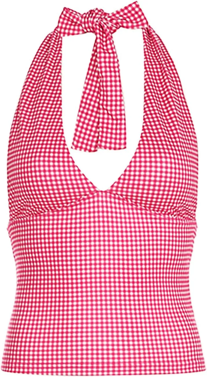 Xineicy Women's Halter Deep V Neck Crop Top Backless Tie Back Tank Top Slim Fit Sleeveless Going Out Summer Tops