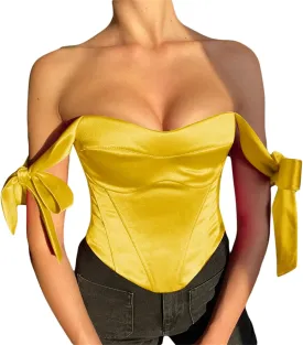 Yoawdats Women Vintage Stain Bustier Tops Y2K Sleeveless Bow Tie Backless Boned Corset Crop Top Low Cut Bandage Top Clubwear