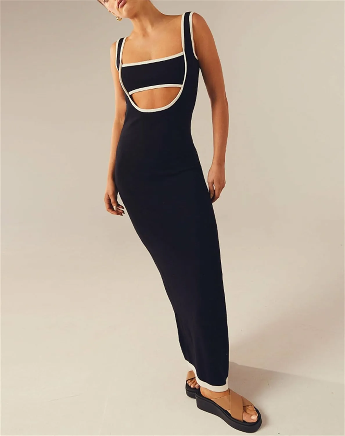 Yuemengxuan Women Sexy Knitted Maxi Dress Sleeveless U-Neck Bodycon Dress Backless Tank Dress Long Dress Party Streetwear