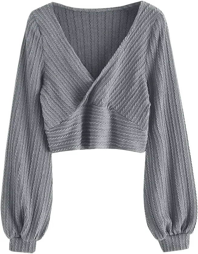ZAFUL Women's Pullover Ribbed Cropped Knitwear Drawstring Ruched Knitted Crop Top Solid V-Neck Long Sleeve T-Shirt