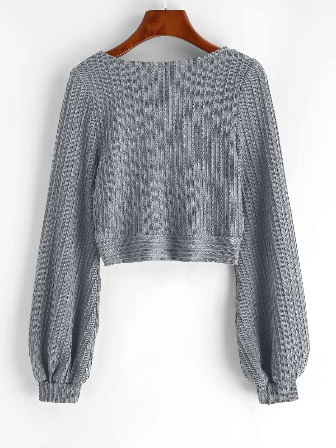 ZAFUL Women's Pullover Ribbed Cropped Knitwear Drawstring Ruched Knitted Crop Top Solid V-Neck Long Sleeve T-Shirt