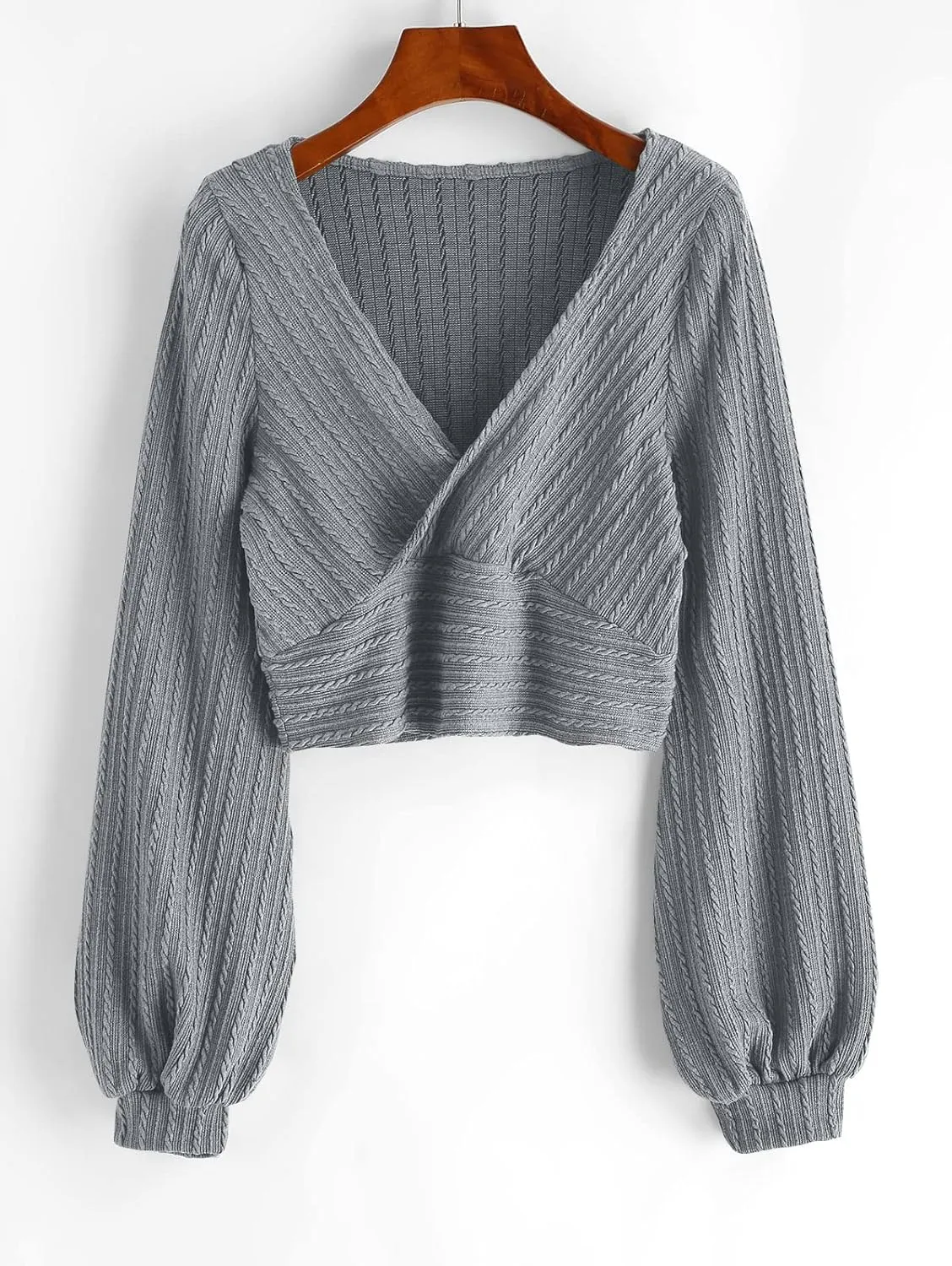 ZAFUL Women's Pullover Ribbed Cropped Knitwear Drawstring Ruched Knitted Crop Top Solid V-Neck Long Sleeve T-Shirt