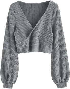 ZAFUL Women's Pullover Ribbed Cropped Knitwear Drawstring Ruched Knitted Crop Top Solid V-Neck Long Sleeve T-Shirt